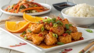 Golden-brown fried chicken coated in orange sauce, served with rice and veggies.