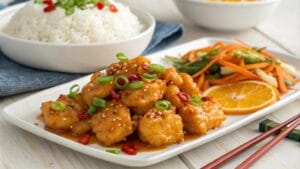 Ingredients for cooking orange chicken in a kitchen