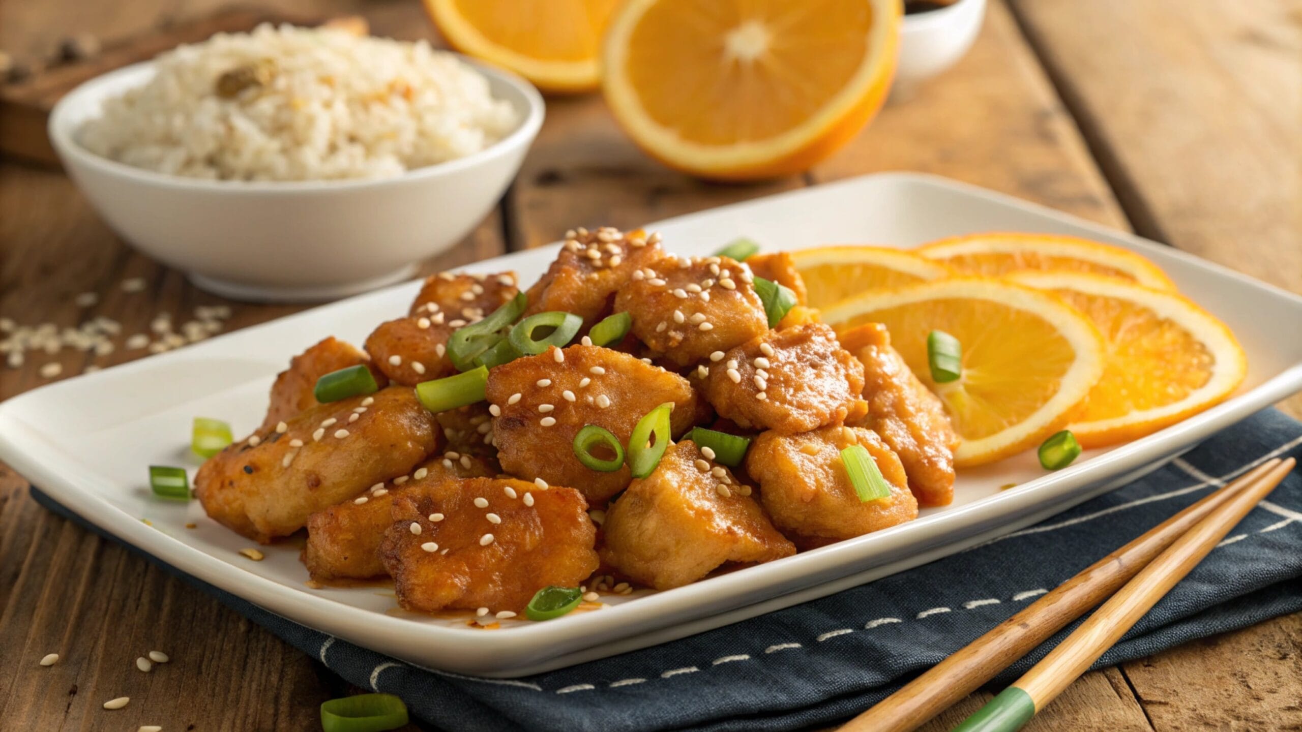 A plate of crispy orange chicken with rice and sautéed vegetables