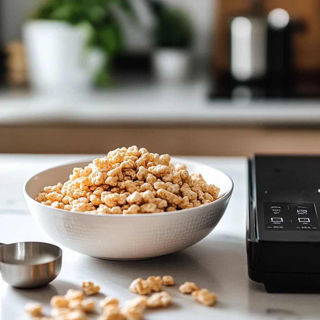 A bright kitchen scene featuring a digital scale with '7 oz' displayed, alongside a measuring cup filled with Rice Krispies cereal. The airy texture of the cereal is highlighted, with a clean countertop adorned with simple baking props like marshmallows, butter, and a wooden spoon, emphasizing precise measuring for recipes.