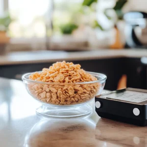 A clear measuring cup filled with 7 cups of Rice Krispies cereal next to a digital kitchen scale showing '7 oz.' The scene is set on a modern kitchen counter with soft lighting, showcasing the importance of accuracy in measuring Rice Krispies for treats.