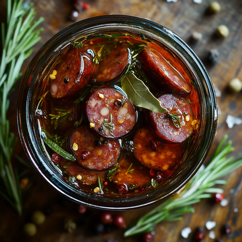Close-up of a jar of pickled sausages in a rich brine with herbs and spices, resting on a wooden counter.
