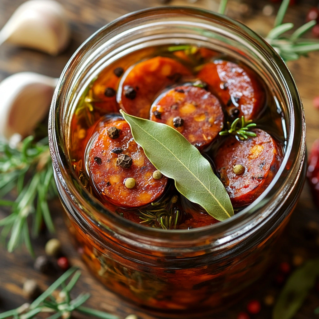 A jar of tangy pickled sausages with herbs and spices, showcased on a rustic wooden table.