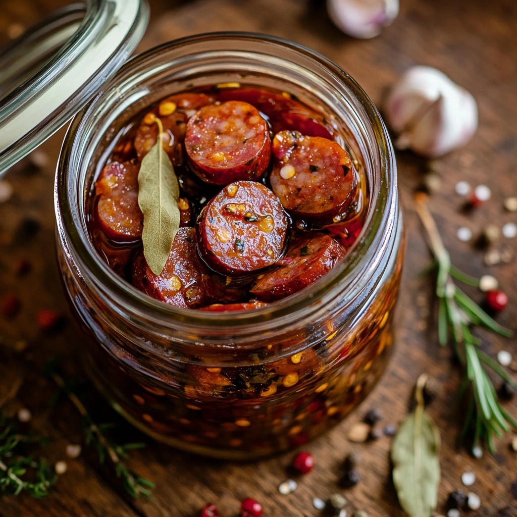 Pickled sausages in a glass jar with spices and herbs, placed on a rustic table surrounded by garlic and greenery.