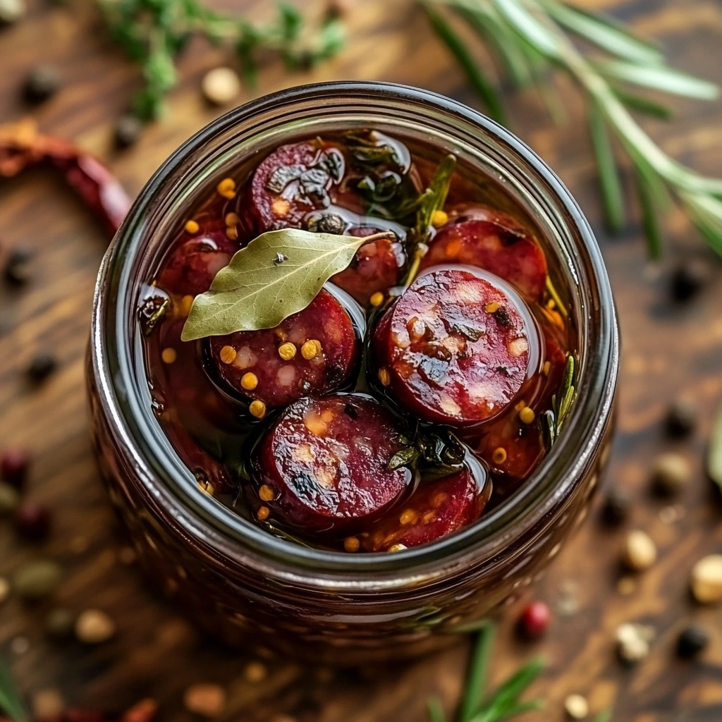 A glass jar filled with sliced pickled sausages in a spiced brine, surrounded by fresh herbs and spices on a wooden surface.