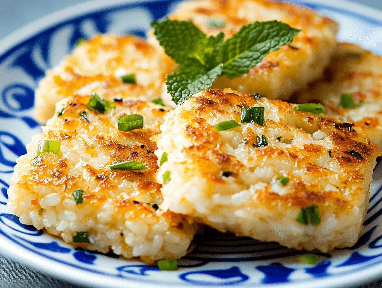 Golden-brown rice cakes garnished with fresh green onions and a mint sprig, served on a blue and white patterned plate.