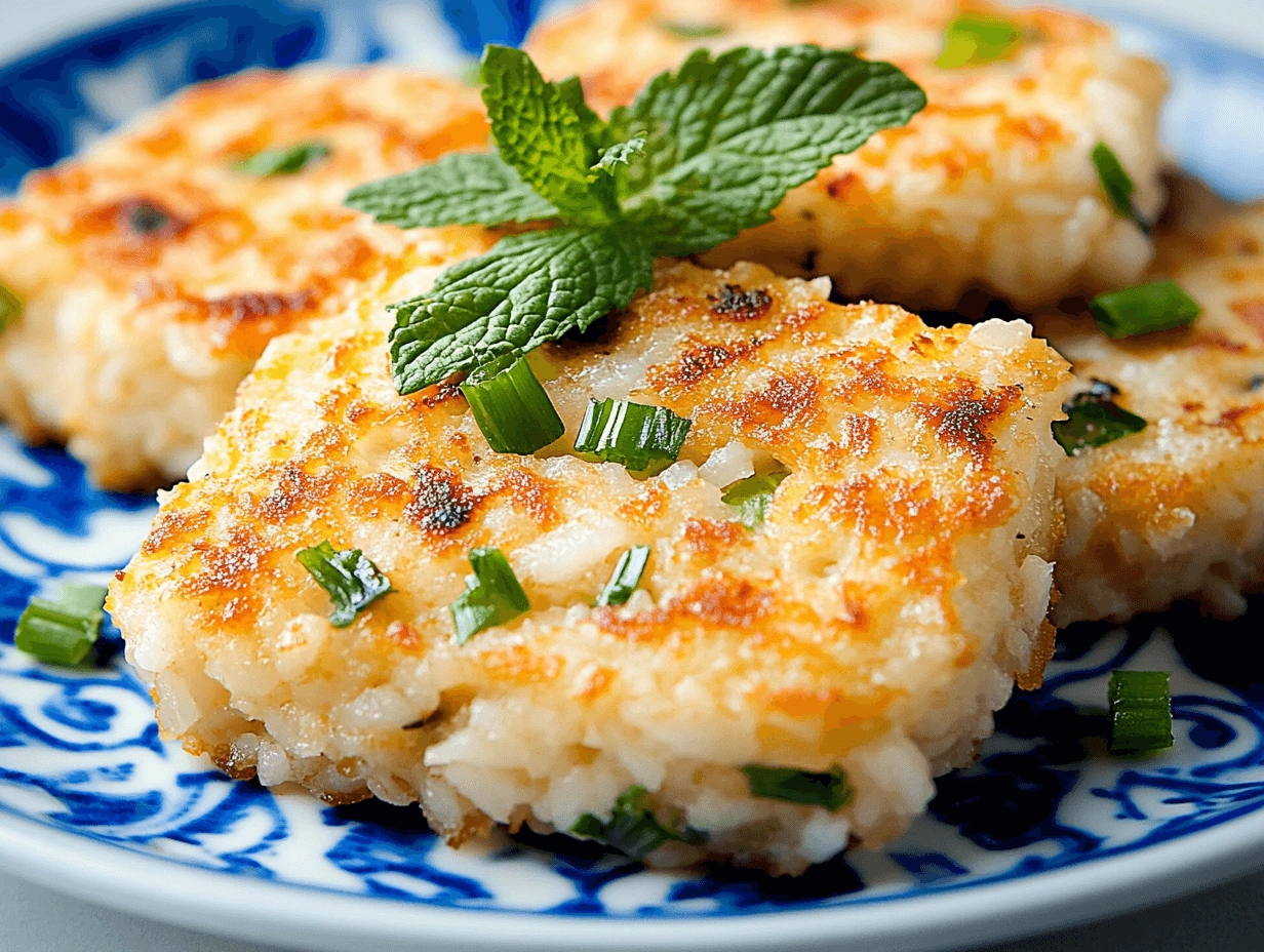 Golden rice cakes garnished with fresh green onions and a sprig of mint, served on a decorative blue and white patterned plate