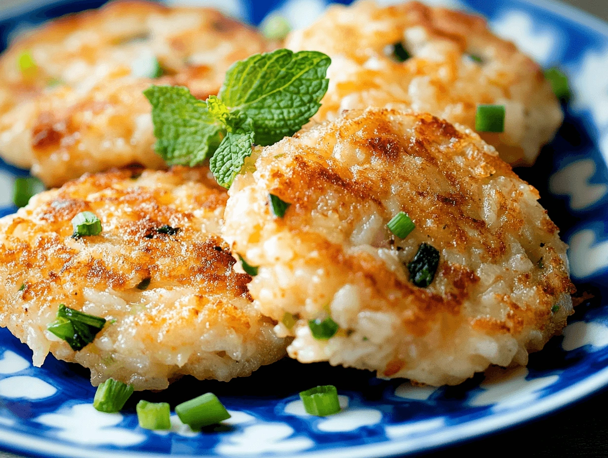 Golden-brown rice cakes garnished with fresh green onions and a sprig of mint, served on a decorative blue and white plate.