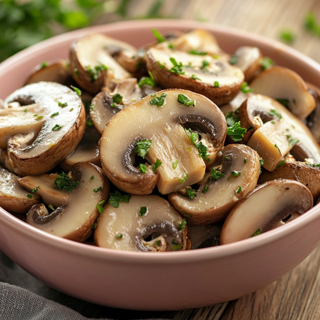 Golden-brown baby bella mushrooms sautéed with garlic and herbs, served in a bowl and garnished with parsley.
