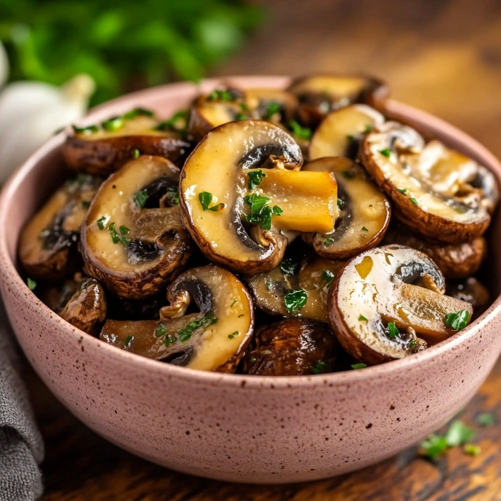 A bowl of sautéed baby bella mushrooms garnished with parsley and cooked in a garlic butter sauce.