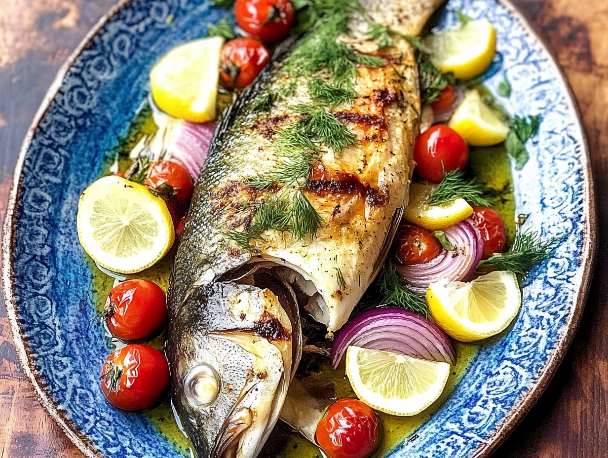 Whole grilled branzino with herbs, tomatoes, and lemon on a decorative plate.