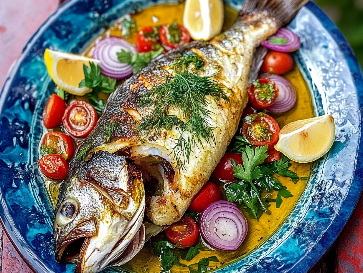 Whole roasted branzino on a blue plate with cherry tomatoes, lemon slices, red onions, and fresh dill.