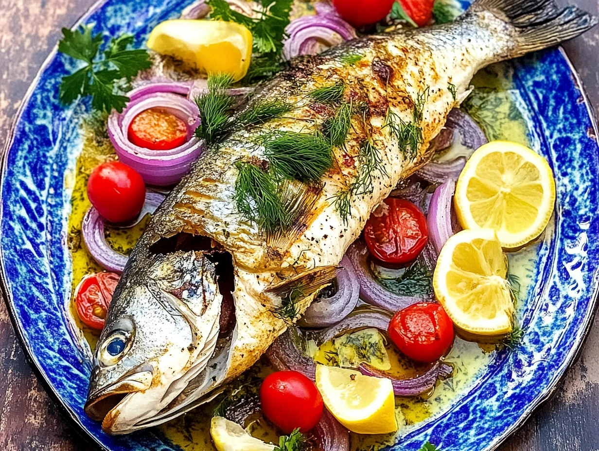 Mediterranean-style roasted branzino with herbs and vegetables on a blue-patterned plate.