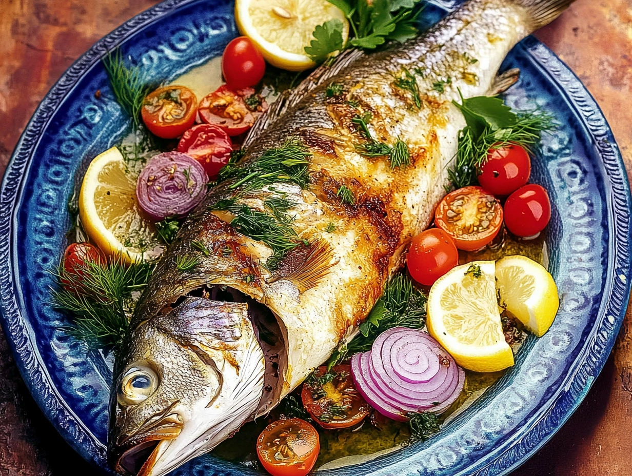 Crispy whole branzino with lemon, cherry tomatoes, and dill on a rustic platter.