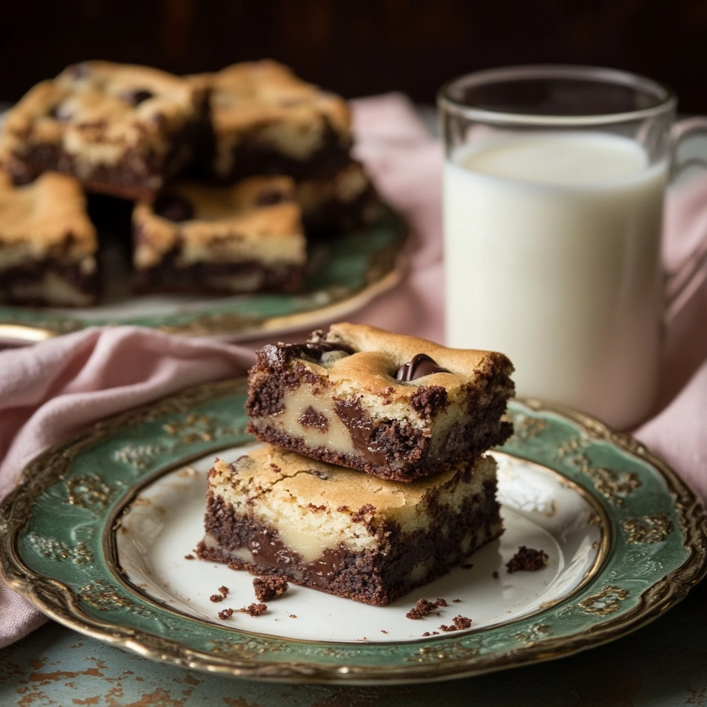 Delicious brookies on a vintage plate with a glass of milk on a pink cloth.