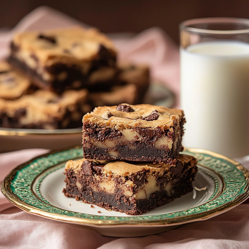 Brookies with chocolate chunks on a decorative plate beside a glass of milk.