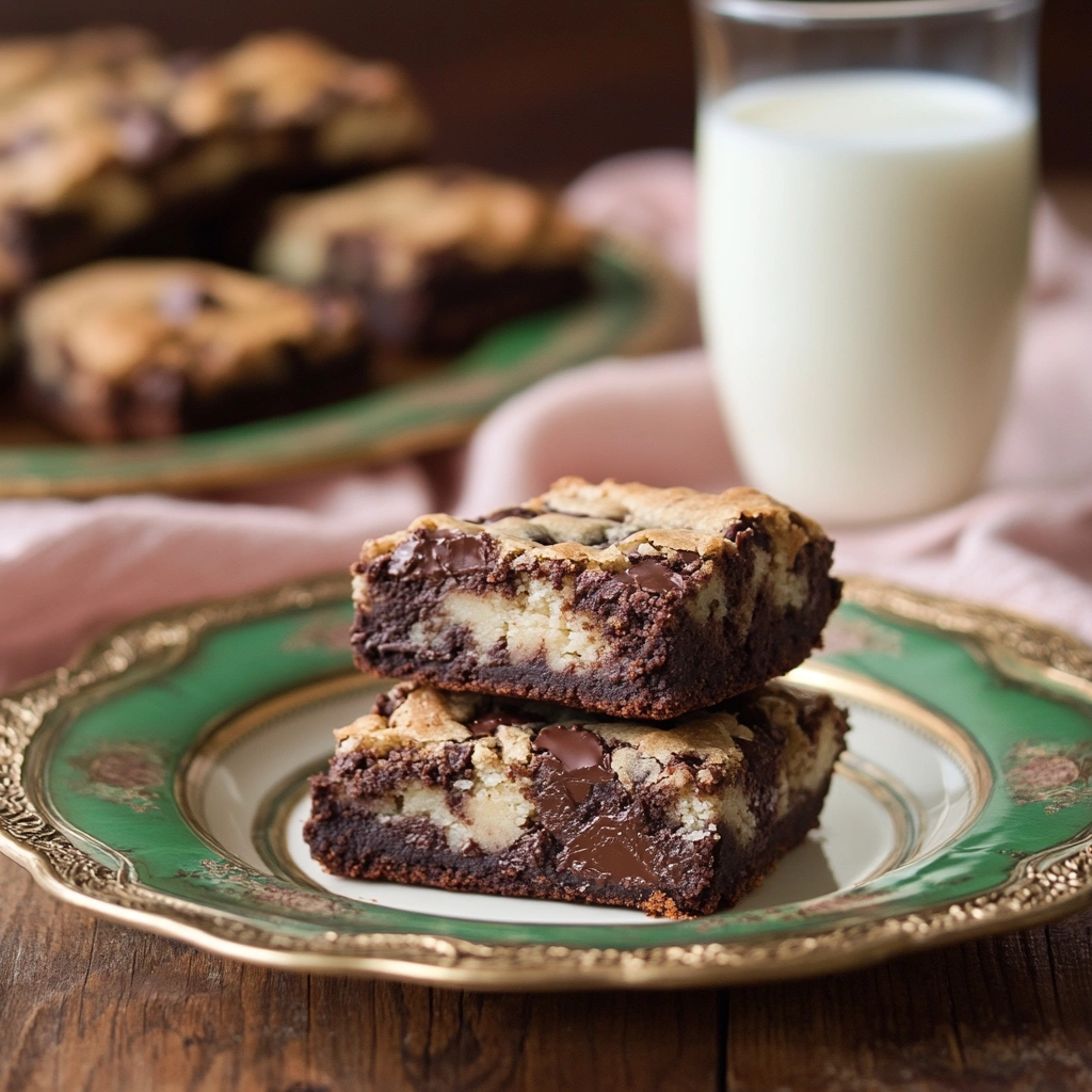 Brookie bars with a glass of milk and a pink cloth for a cozy presentation.