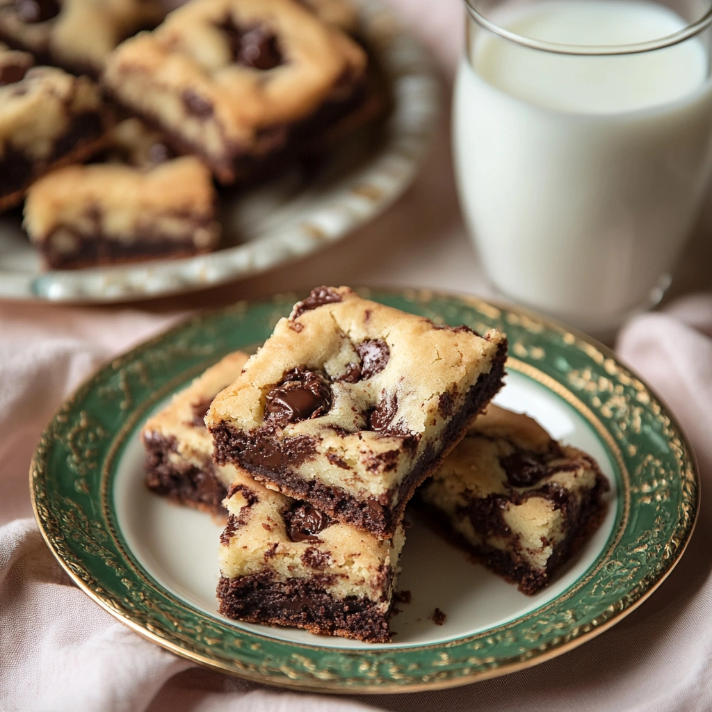 Two brookie bars stacked on a plate with a glass of milk in the background.