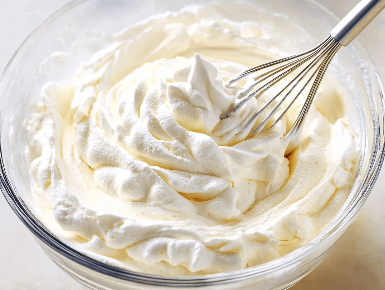 A close-up of whipped cream in a bowl with a silver spoon, illustrating how Cool Whip can be used in baking.