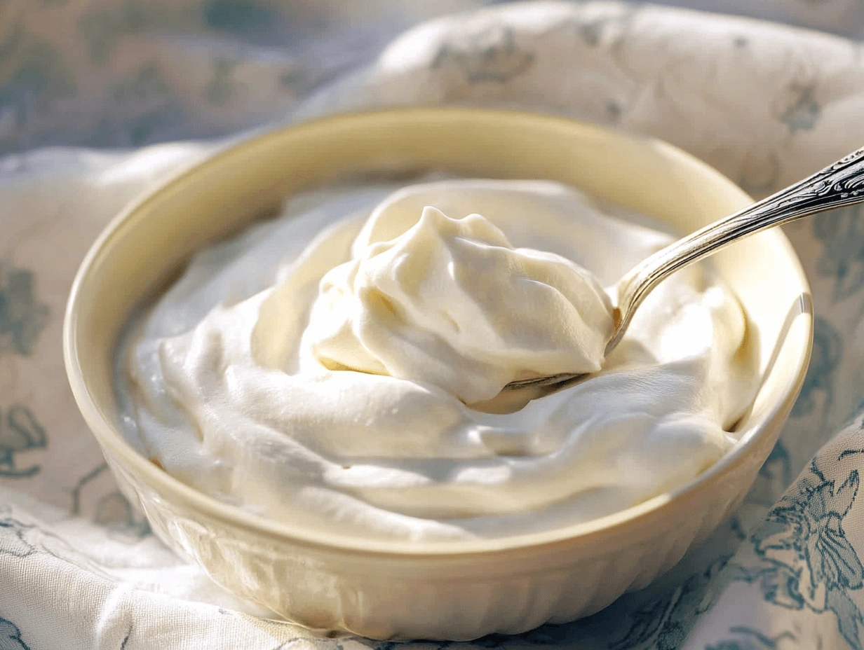 Can Cool Whip be used in baking? A bowl of smooth whipped cream with a spoon, ready for dessert preparations.