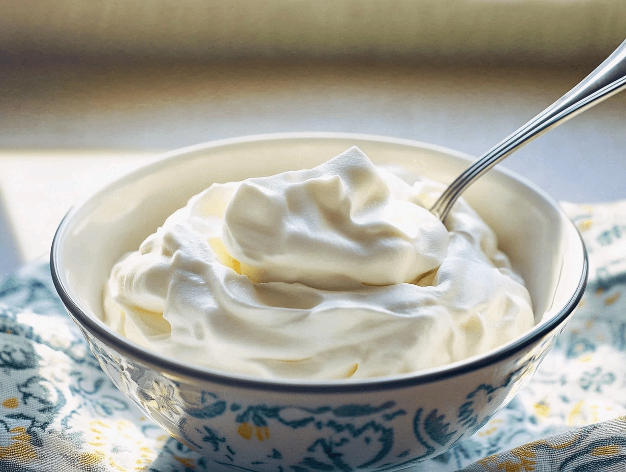 Fluffy whipped topping in a bowl, showing how Cool Whip can be used in baking for various desserts.
