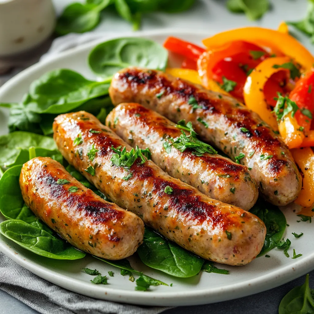 Golden-brown chicken apple sausages on a white plate, garnished with fresh herbs and paired with roasted vegetables.