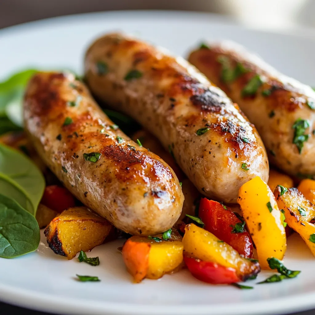 Golden chicken apple sausages served with crisp greens and roasted vegetables on a white ceramic plate.