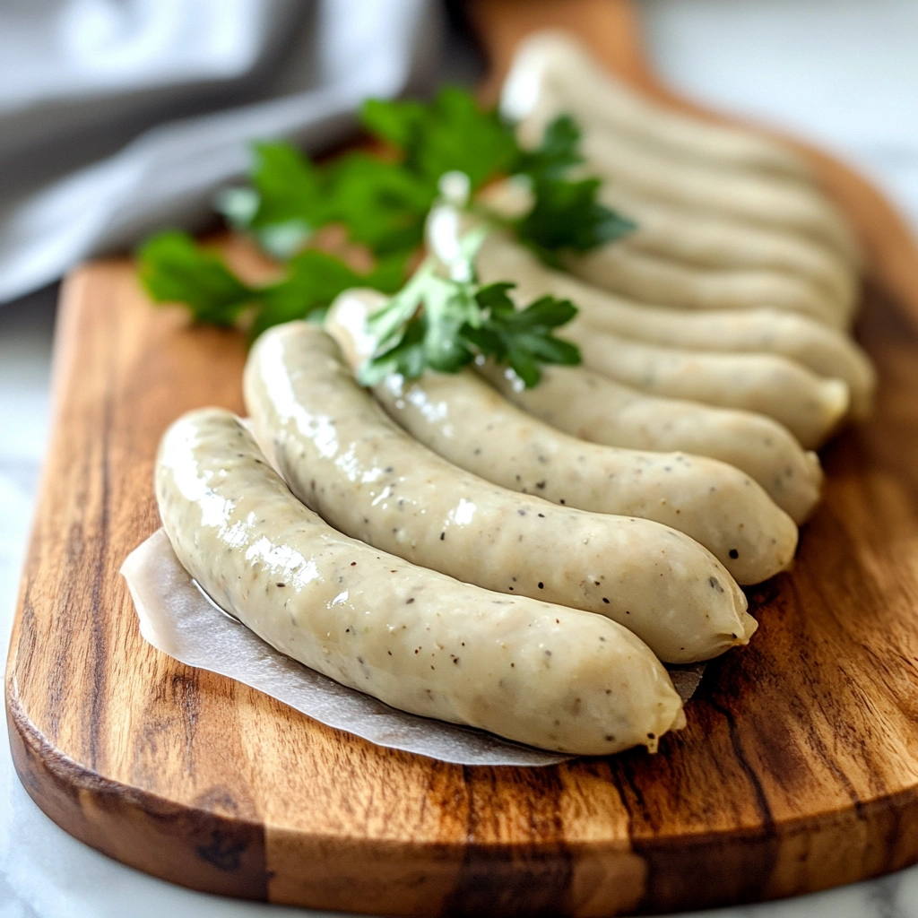 Light beige uncooked chicken apple sausages lined up on parchment paper, complemented by a green parsley garnish.