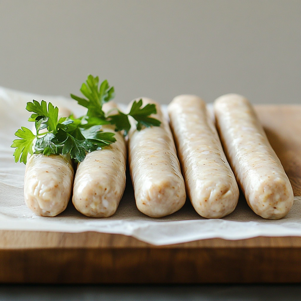 Fresh chicken apple sausages in a row, displayed on white parchment paper with a garnish of parsley on a wooden board.