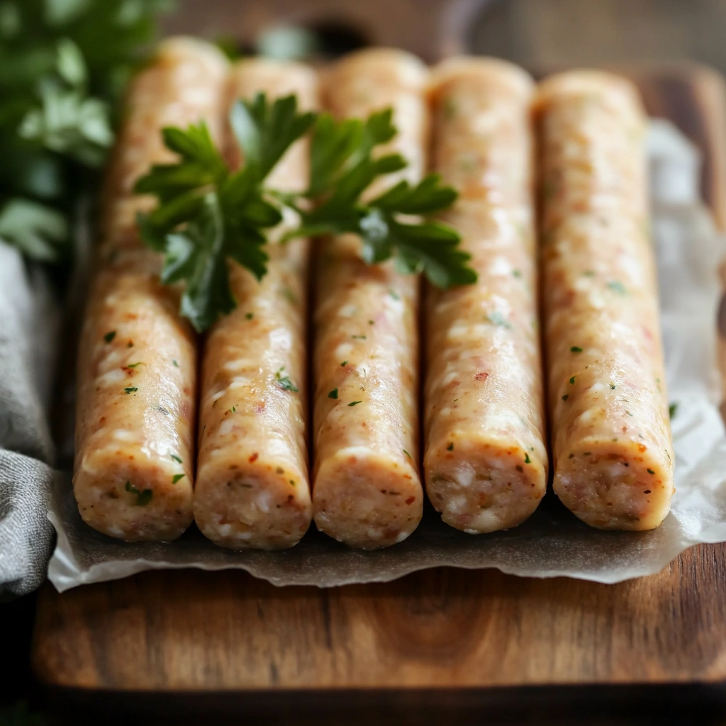 Uncooked chicken apple sausage links placed on a parchment-lined wooden cutting board with a sprig of parsley