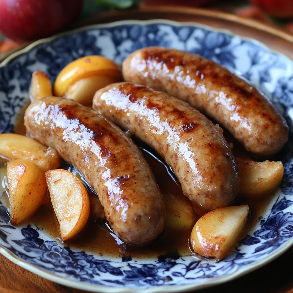 A plate of golden-brown chicken apple sausages garnished with fresh herbs and served alongside roasted vegetables, showcasing their juicy texture and savory-sweet flavor.