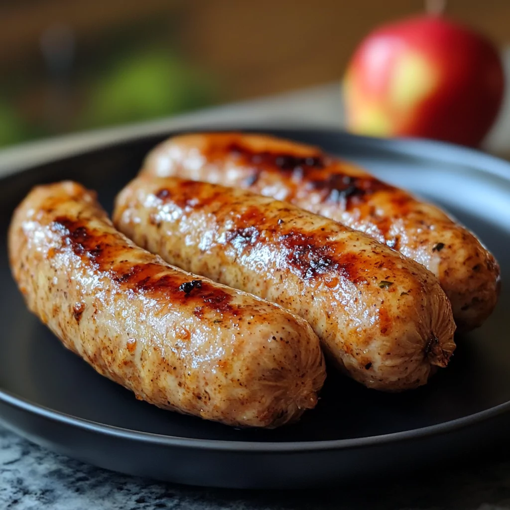 Close-up of chicken apple sausage links sizzling in a skillet, with visible apple chunks and aromatic spices highlighting the freshness of the ingredients.