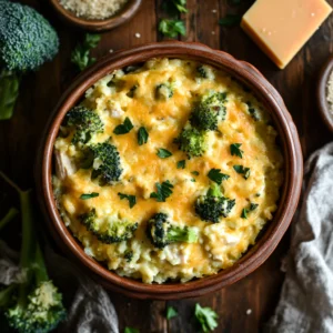 A beautifully presented casserole in a deep baking dish, showcasing layers of fluffy rice, juicy chicken, and broccoli coated in a rich, golden cheese sauce. The table is adorned with fresh parsley, a wooden spoon, and a sprinkle of breadcrumbs for a homey atmosphere.