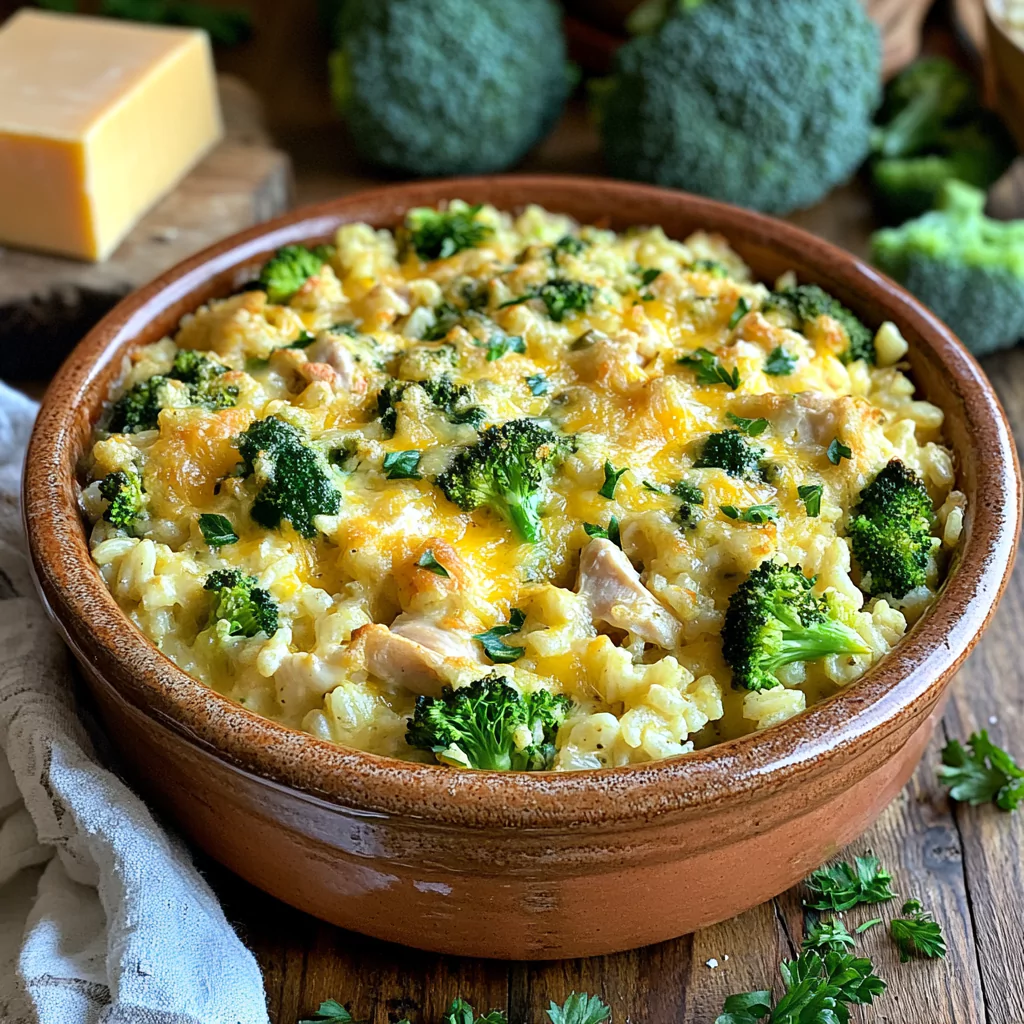 A close-up of a bubbling chicken broccoli rice casserole fresh out of the oven, with golden cheese crust and flecks of green parsley on top. The dish is set on a rustic kitchen table, with fresh ingredients like broccoli and cheddar cheese scattered around for a warm, homemade feel.