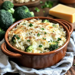 A hearty casserole featuring tender chicken pieces, creamy rice, and vibrant broccoli florets, topped with melted cheddar cheese and crispy breadcrumbs. The dish sits steaming on a rustic wooden table with warm natural lighting.