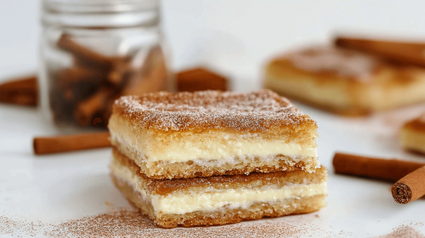 Two layers of churro cheesecake featuring a creamy cheesecake filling and a golden cinnamon sugar crust, with cinnamon sticks in the background.