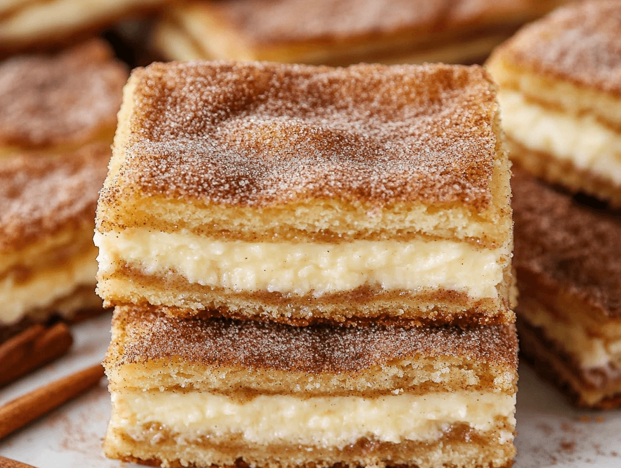 Close-up of churro cheesecake slices with flaky layers, creamy filling, and sprinkled cinnamon sugar on top, set against a soft-focus background of cinnamon sticks.