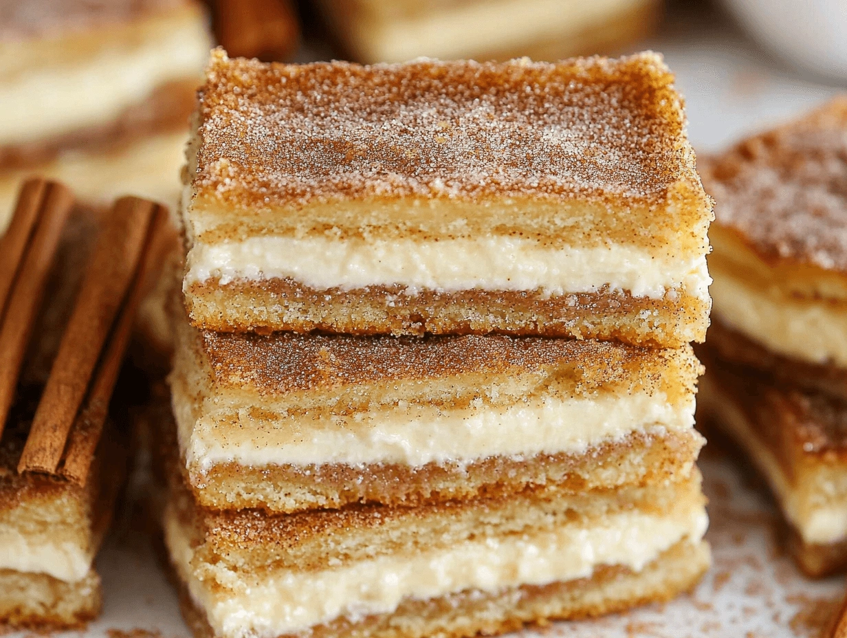 Churro cheesecake squares stacked on a white surface, highlighting the crispy, sugary crust and smooth cheesecake layers.