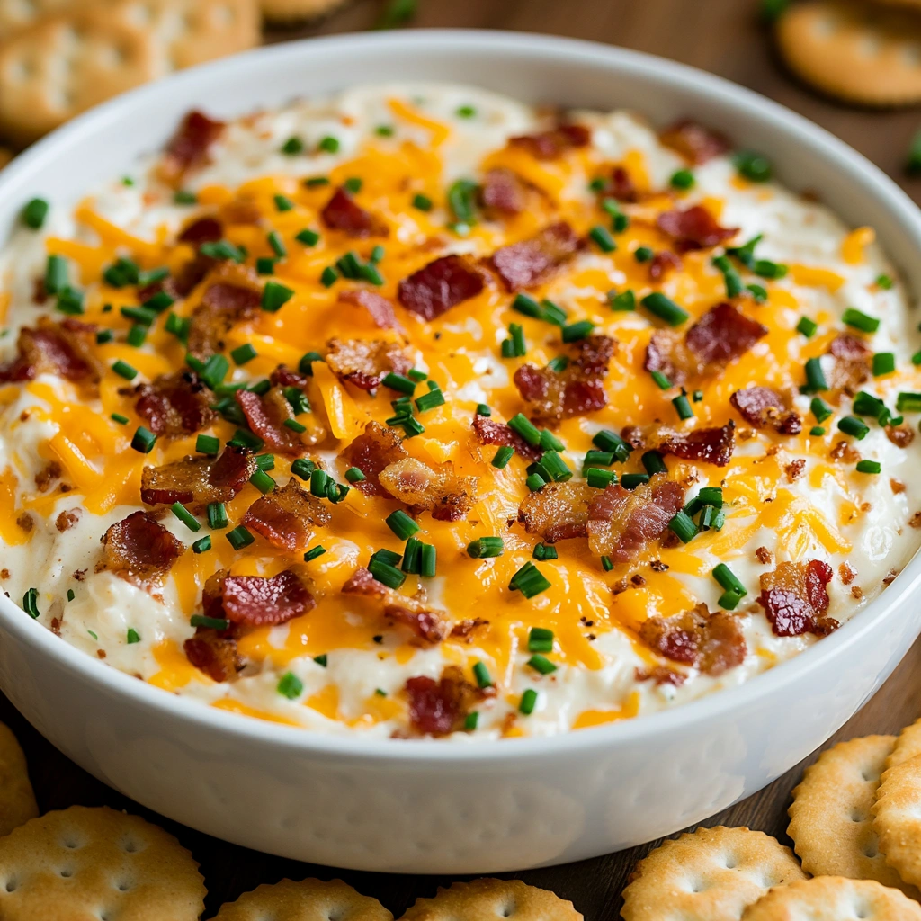 A close-up of creamy crack dip topped with crispy bacon bits, shredded cheddar cheese, and fresh chives.