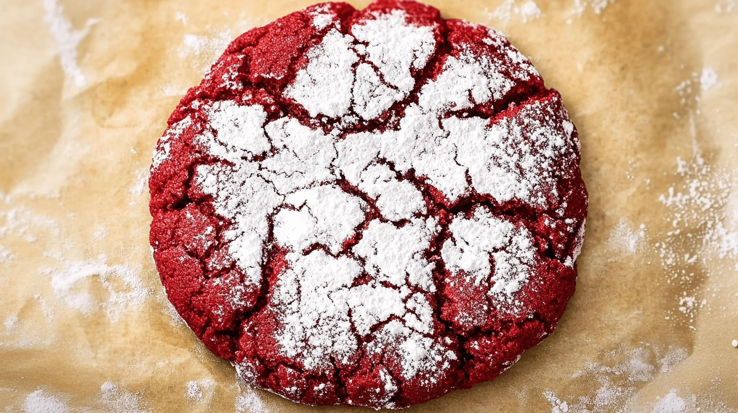 Close-up of a vibrant red crinkle cookie dusted with powdered sugar, resting on parchment paper.