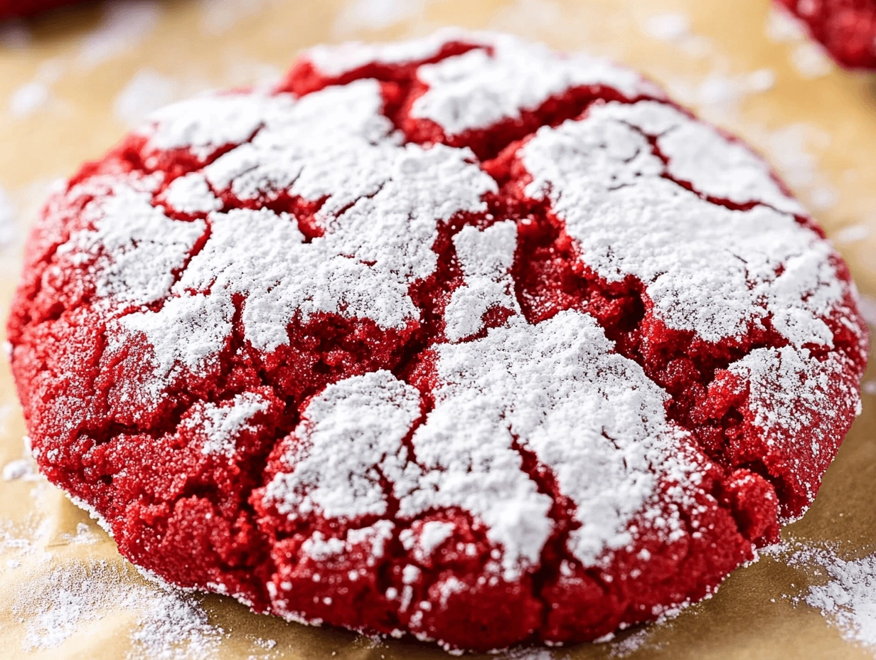 A red crinkle cookie with deep cracks and a powdered sugar coating on a neutral background.