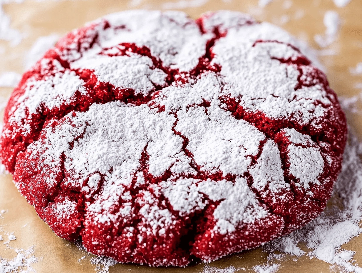 A festive red crinkle cookie with powdered sugar coating, showcasing deep cracks and vibrant color on a parchment paper backdrop.