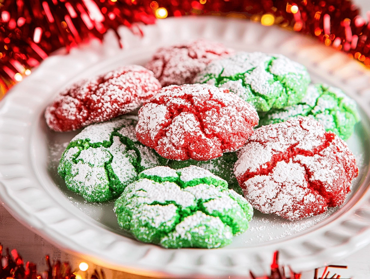 Single red velvet cookie with a crinkled surface, topped with powdered sugar, placed on brown parchment paper.