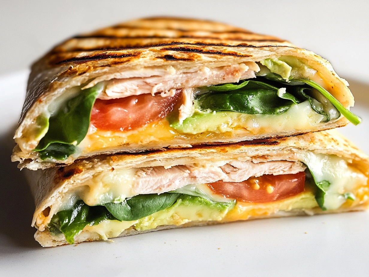 Grilled wrap cut in half, with visible ingredients like spinach, tomato, turkey, avocado, and cheese, on a white plate.