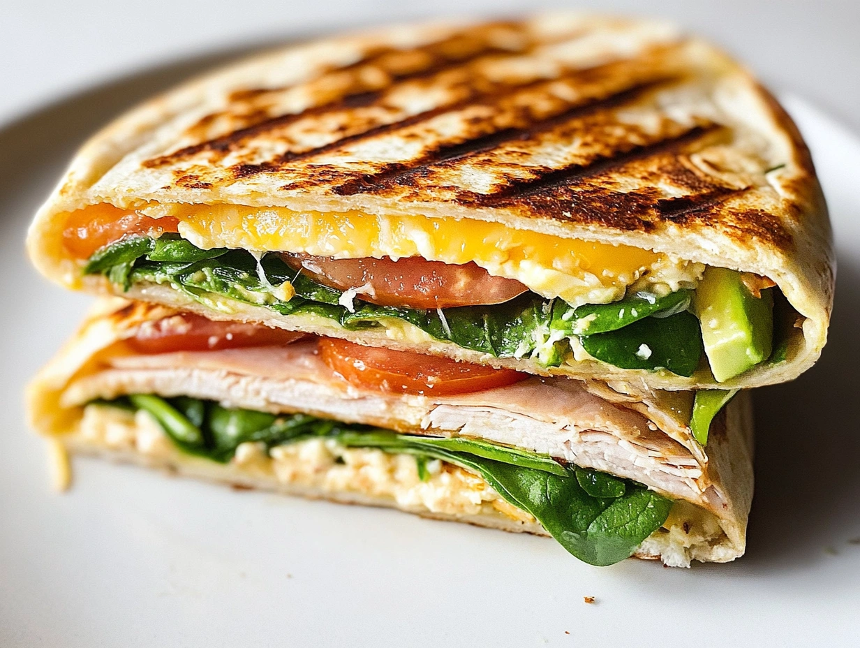 Stacked halves of a grilled tortilla wrap filled with turkey, spinach, avocado, and tomato, on a white surface.
