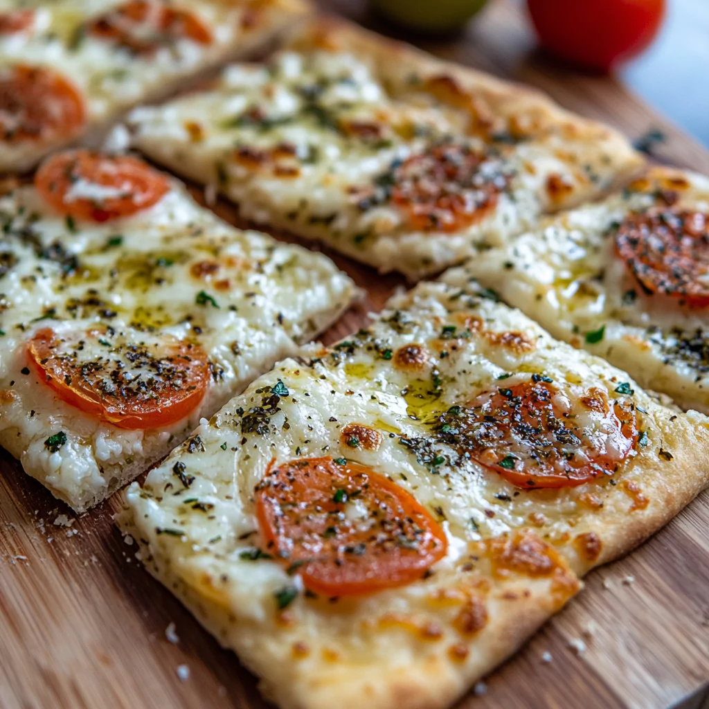 Close-up of cottage cheese flatbread with visible herbs and a soft, airy texture on a rustic wooden table.