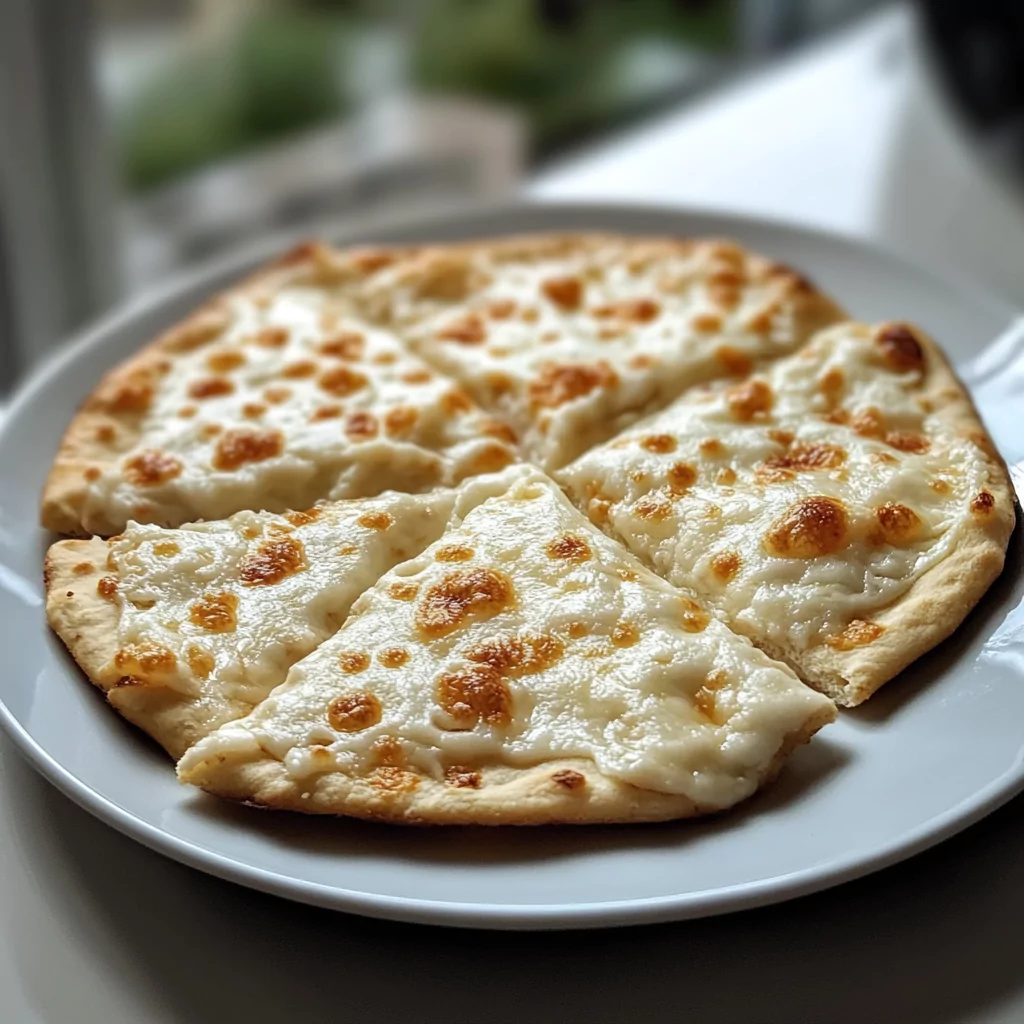 Homemade cottage cheese flatbread served with a side of fresh vegetables and creamy hummus for dipping.