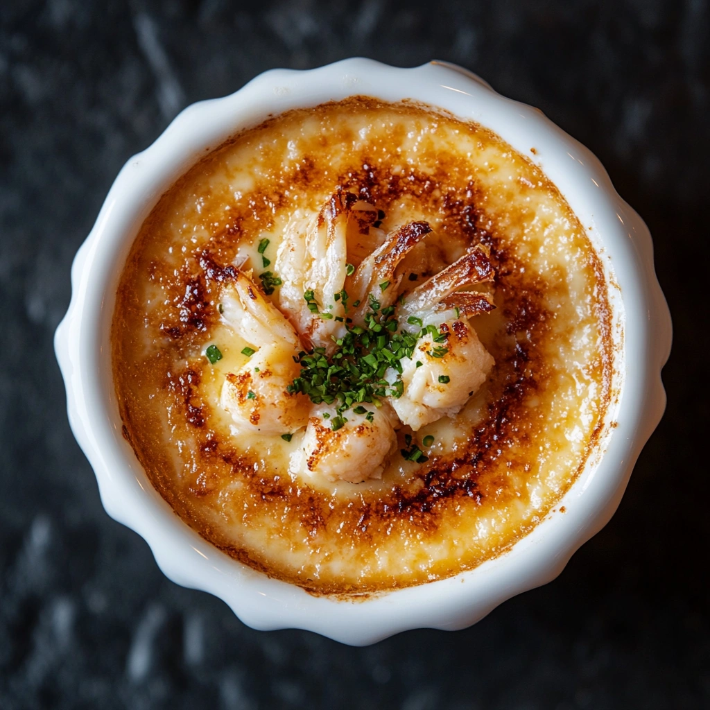 Crab brûlée with a golden, crispy crust and tender crab chunks.