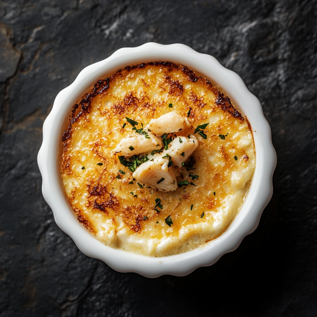 Crab brûlée in a white ramekin with a golden-brown topping.