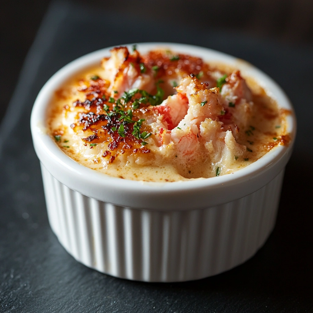 Savory crab brûlée in a white ramekin with a caramelized top and crab meat garnish.